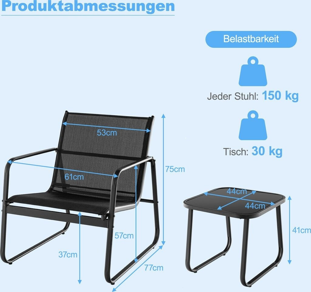 Costway Balkonmöbel Set Tisch und 2 Stühle, atmungsaktiver Stoff, Metall (ZB33261NWDE) ab 96,99 € (Oktober 2026)