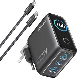 Anker Ladegerät (100W, 3 Ports, Smart Display) mit USB-C Kabel