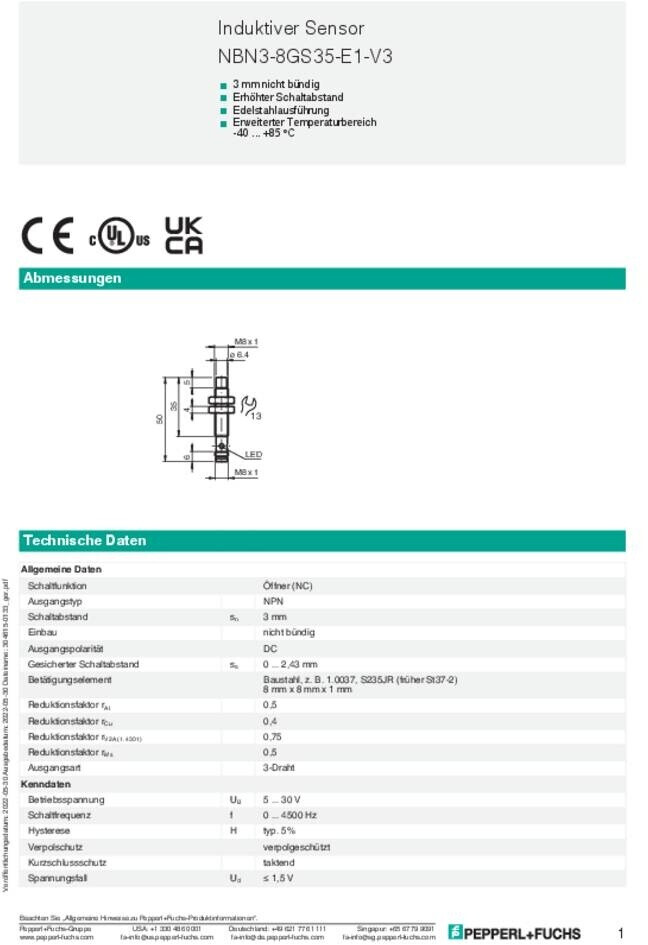 Pepperl+Fuchs NBN3-8GS35-E1-V3 Induktiver Sensor (304615-0133) ab 84,68 ...
