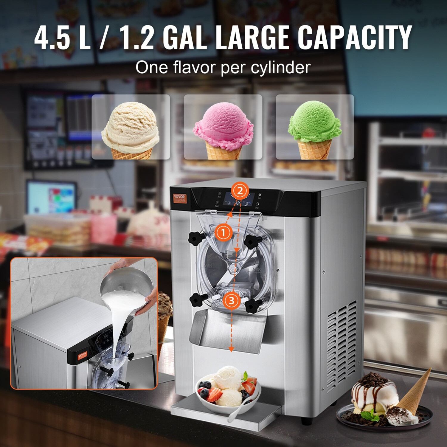VEVOR Kommerzielle Softeismaschine – 2350 W, 22-30 L/h – 3 Geschmacksrichtungen, LCD-Display – Für Eisdielen & Cafés