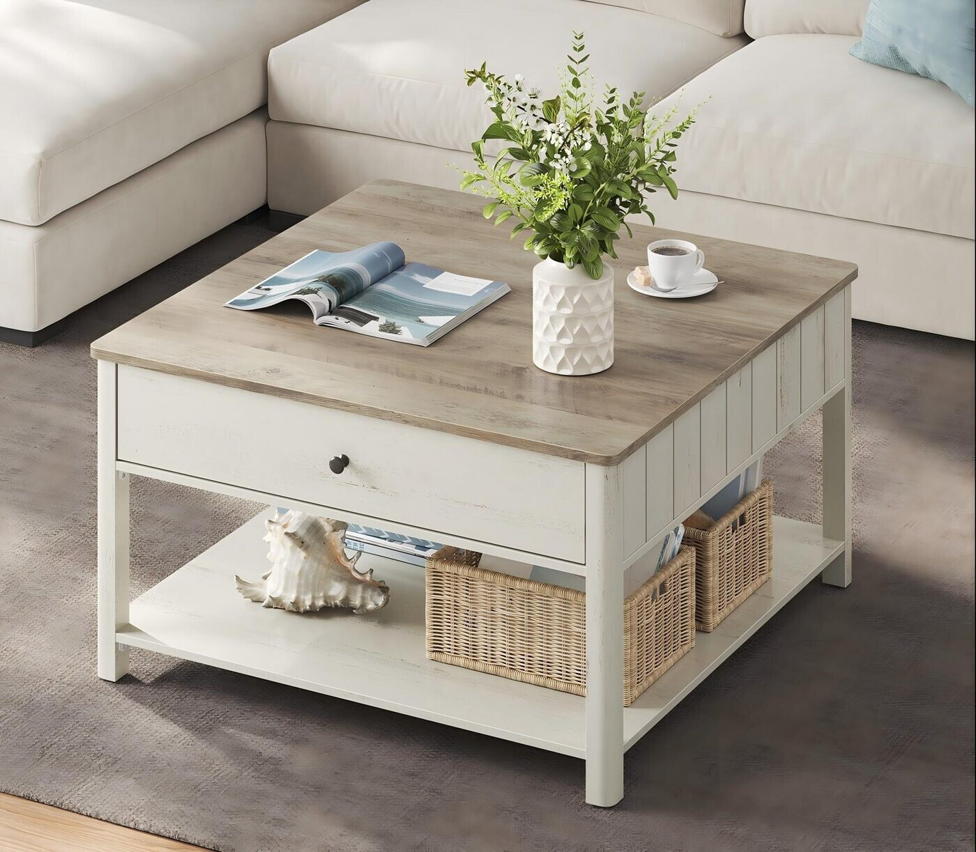 Vasagle Couchtisch quadratisch 80x80x45cm, 2 Schubladen, Landhausstil, Greige meliert (LCT080A01) ab 95,99 € (Oktober 2026)