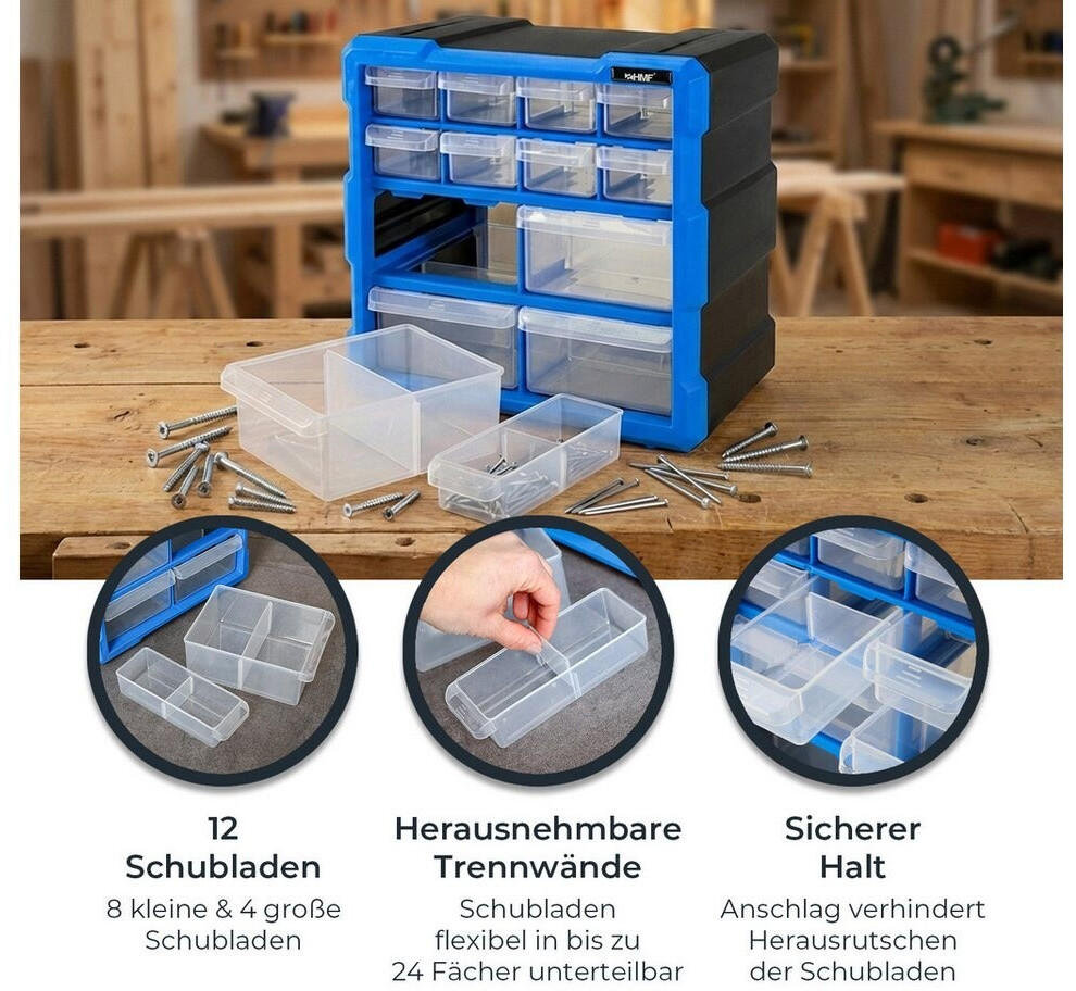 HMF Sortierbox für Kleinteile, 12 Schubladen, 24 Fächer, blau-schwarz (STK100-07-05) ab 18,99 € (Oktober 2026)