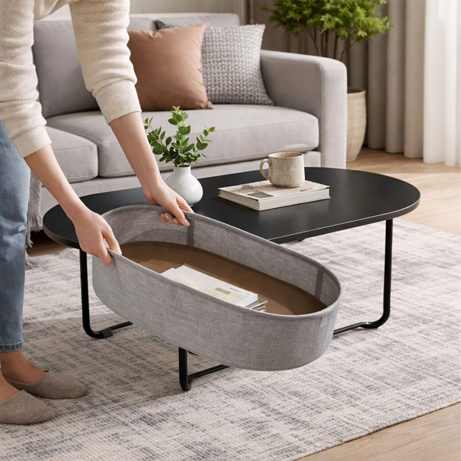 Relaxdays Ovaler Couchtisch mit Stoffkorb, MDF & Eisen, schwarz-dunkelgrau (10052601_8373) ab 52,79 € (Oktober 2026)