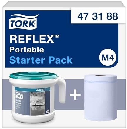 Produktbild von Tork Tragbarer Reflex Innenabrollungsspender M4 – Einzelblattentnahme, Robust, Weiß/türkis – Starter Pack, 1 St. 473188