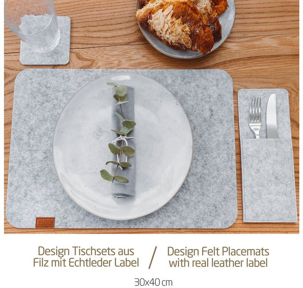 MIQIO Platzset 18er-Set aus Filz, hellgrau, mit Lederapplikation (6 Platzsets, Glasuntersetzer, Bestecktaschen) ab 21,99 € (Oktober 2026)