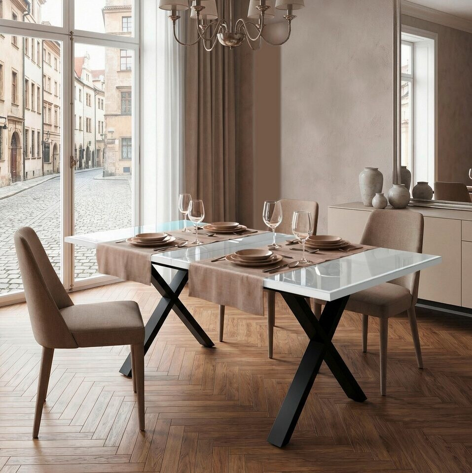 Mäusbacher Vitrum Esstisch ausziehbar, Glasplatte ice weiß glanz, X-Gestell schwarz, 160–210x75x90cm ab 497,56 € (Oktober 2026)