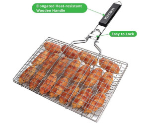 Produktbild von Faltbarer Grillkorb Aus Edelstahl Mit Holzgriff – Für Fisch, Steak, Gemüse – Mit Verschluss, Spülmaschinenfest