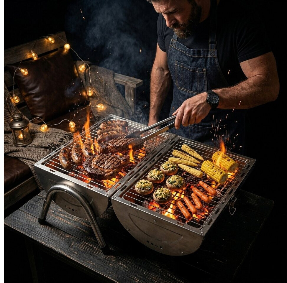 Relaxdays Tischgrill Klappgrill 2 Grillflächen, Edelstahl, Holzgriff ab 33,59 € (Oktober 2026)