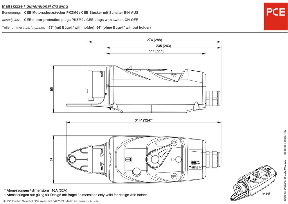 PCE CEE-Motorschutzstecker 16A 5p. Schütz 2,4-4A + Phasenw. + BZ + Drehfeldk. Ar