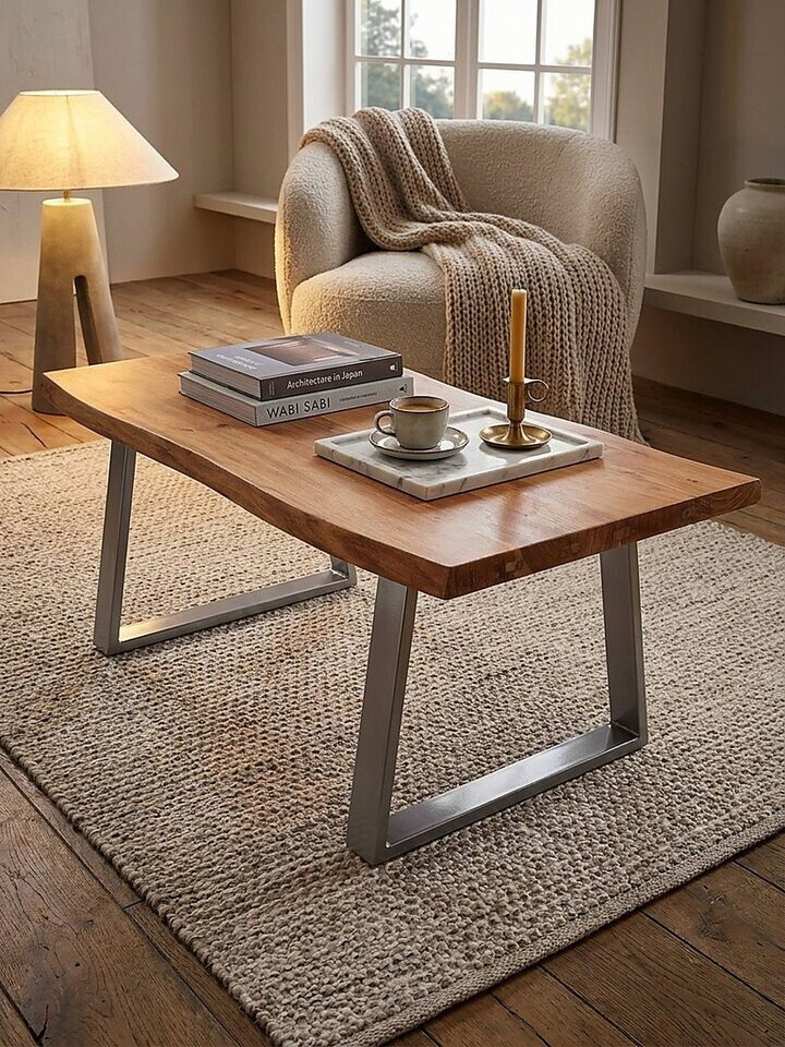 KADIMA DESIGN Couchtisch Akazie Massivholz Baumkante 120x60x46cm Trapezbeinen Chrom ab 381,95 € (Oktober 2026)