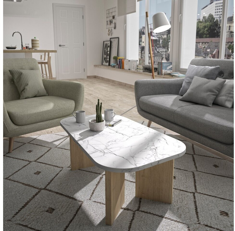 Calicosy QUARTZ Diagone ovaler Couchtisch, weißer Marmoreffekt, Eichenholzbeine (105x58x39cm) ab 124,79 € (Oktober 2026)