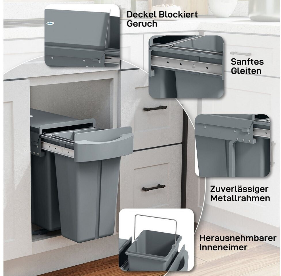 HomCom Ausziehbarer Einbaumülleimer 2 Fächer 20L+10L, grau (851-074V01GY) ab 68,90 € (Oktober 2026)