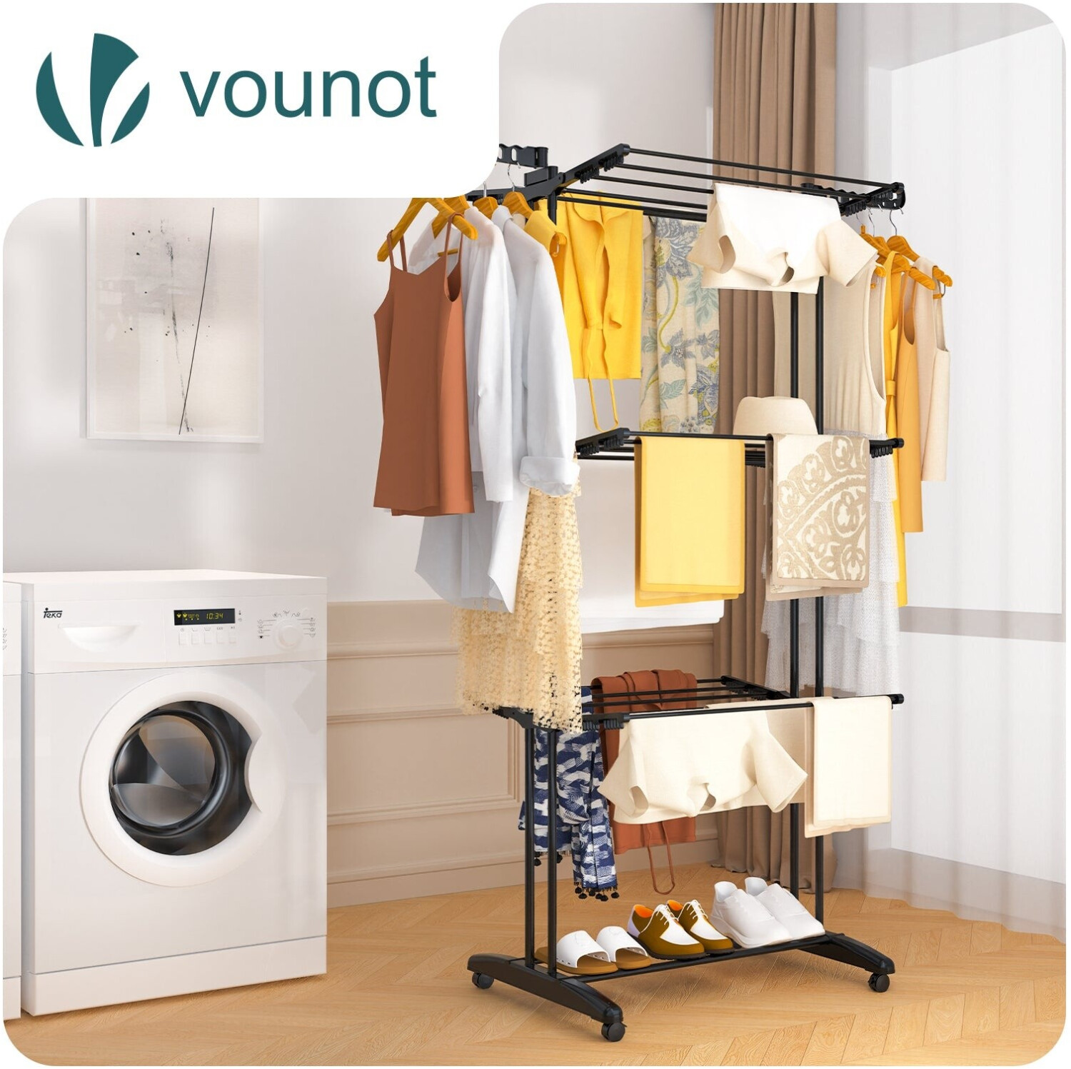 Vounot Wäscheständer Turm 4 Etagen, klappbar, mit Rollen, 125x62x173cm, schwarz (10450578571602) ab 26,99 € (Oktober 2026)