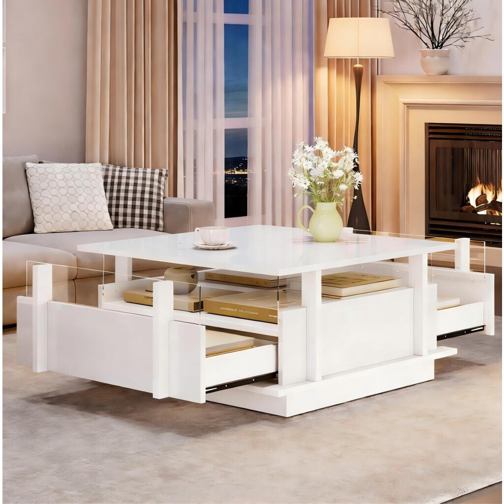 Stilvora Couchtisch weiß Hochglanz, 2 Schubladen & LED-Beleuchtung, 70x70x35cm ab 79,99 € (Oktober 2026)