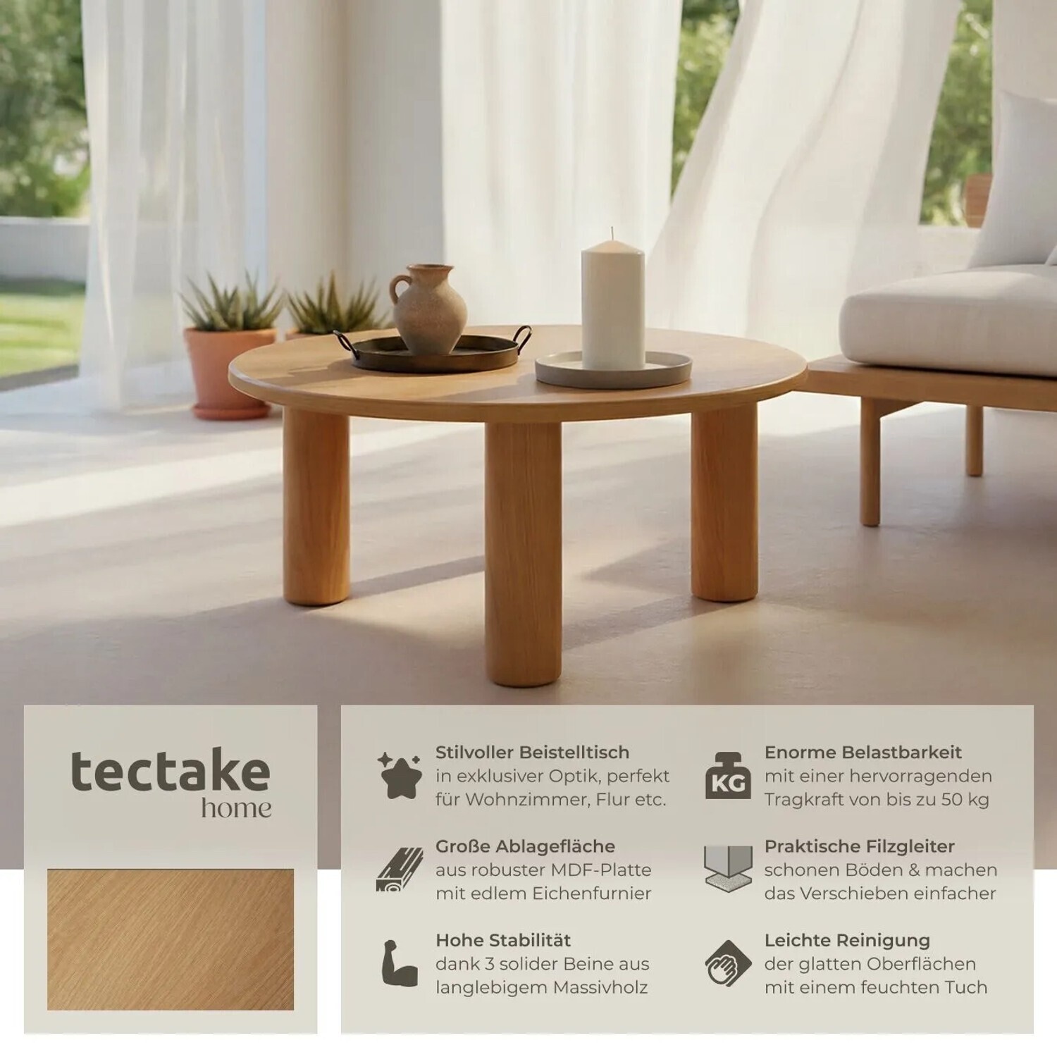 TecTake Sisi Couchtisch rund, Eiche hell, Massivholzbeine (405953) ab 139,79 € (Oktober 2026)