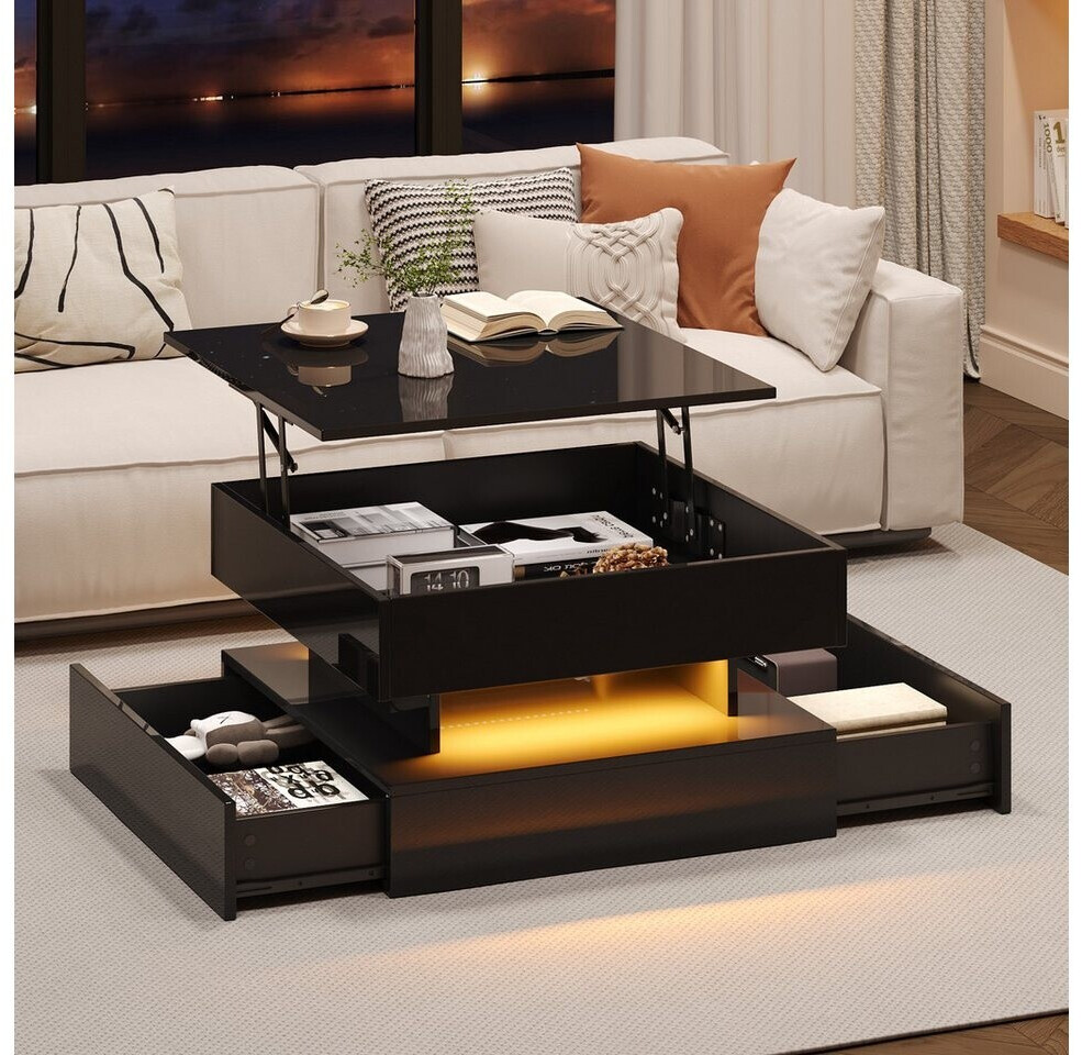 Stilvora Couchtisch quadratisch, höhenverstellbar, LED, 2 Schubladen, schwarz (QTEQOTWQXDGLZ72O) ab 92,99 € (Oktober 2026)