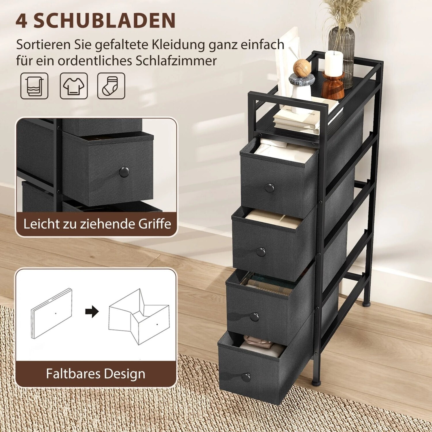 HomCom Schubladenschrank 4 Schubladen Vliesstoff, schmal, schwarz (83D-156V00BK) ab 41,90 € (Oktober 2026)