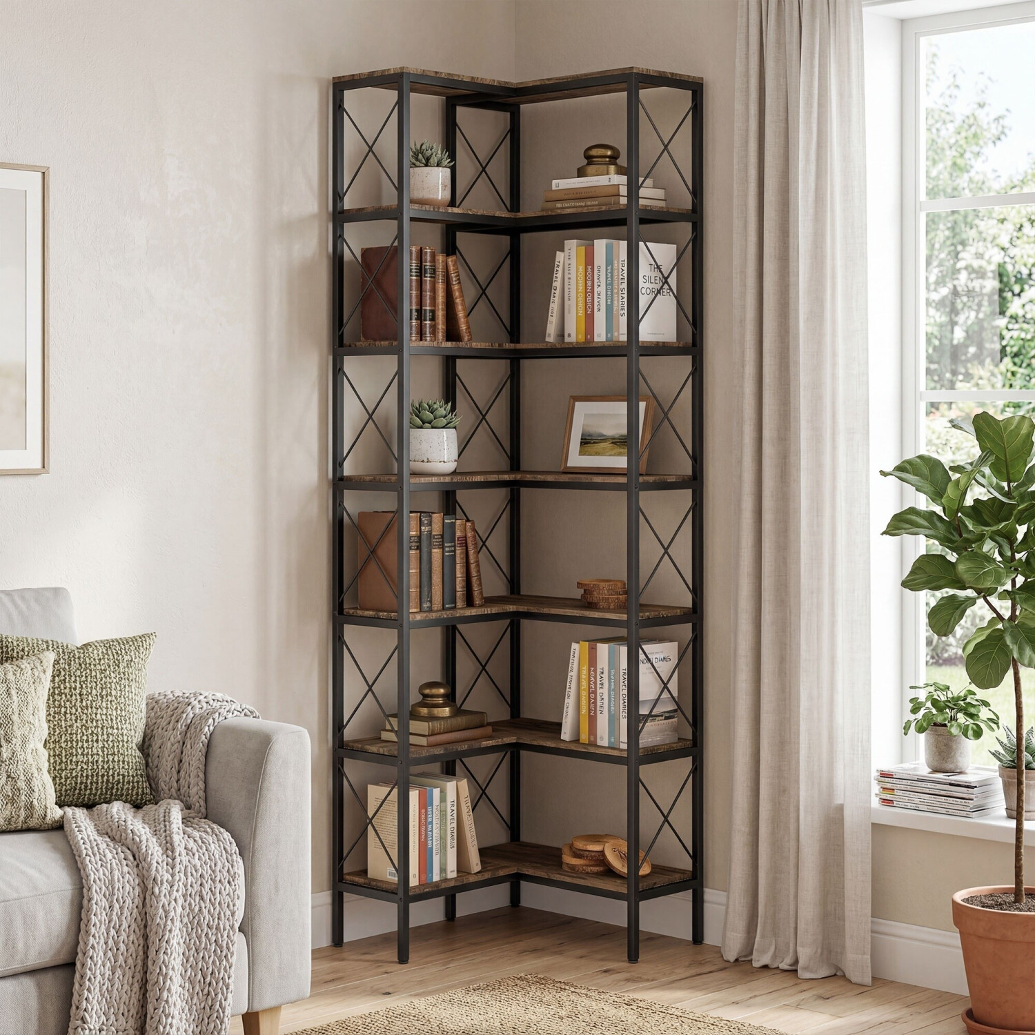 HomCom Eckregal L-förmig 6 Ebenen, Metallrahmen, rustikal braun, 60x60x200cm (836-695V00BT) ab 108,90 € (Oktober 2026)