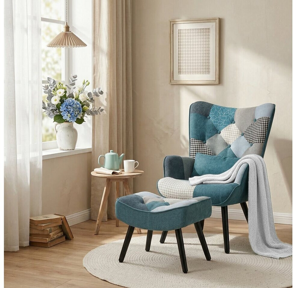 HomeMiYN Ohrensessel Patchwork-Canvas mit Hocker, blau-weiß ab 199,99 € (Oktober 2026)