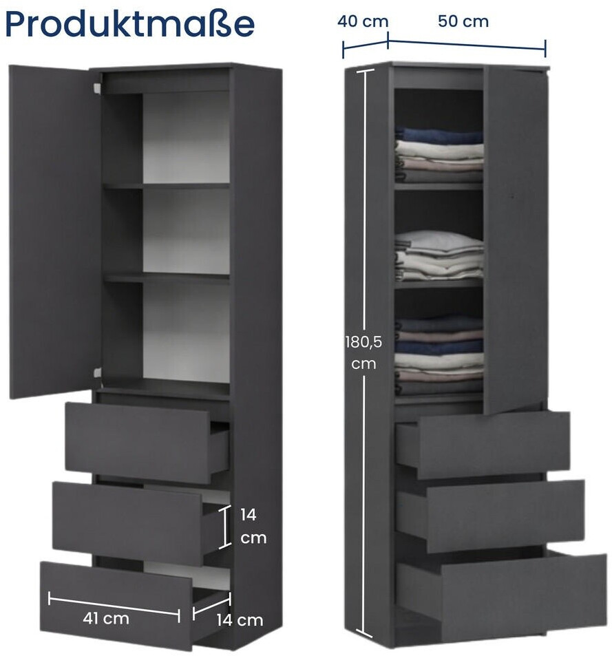 Home Collective Mehrzweckschrank mit 1 Tür, 3 Einlegeböden & 3 Schubladen, 50x40x180cm, anthrazit ab 159,90 € (Oktober 2026)