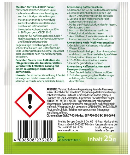 Melitta Entkalker Anti Calc Bio Powder Pulver für 2 Anwendungen 2x 25g (233205), Bild 2