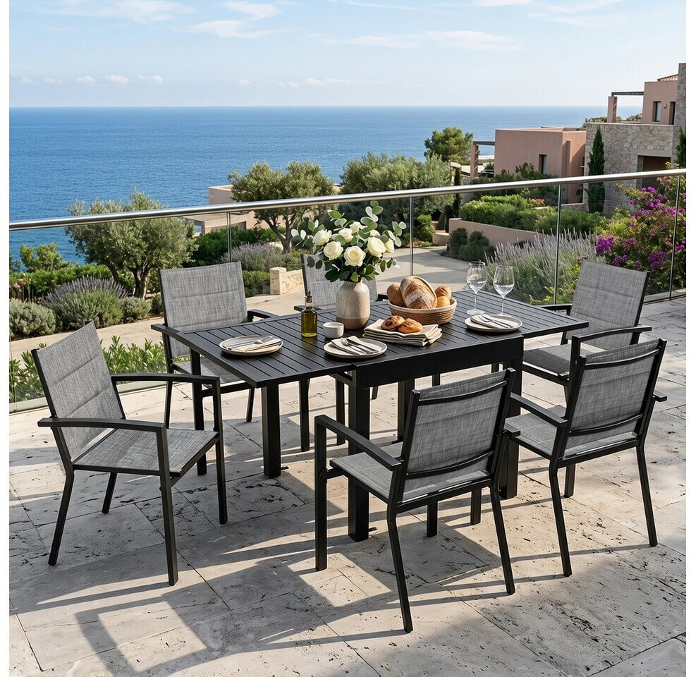 Avestar Terrassen-Essgruppe 7-teilig, Aluminium, ausziehbarer Tisch, 6 stapelbare Stühle, hellgrau/schwarz (SDAS003-702) ab 469,99 € (Oktober 2026)