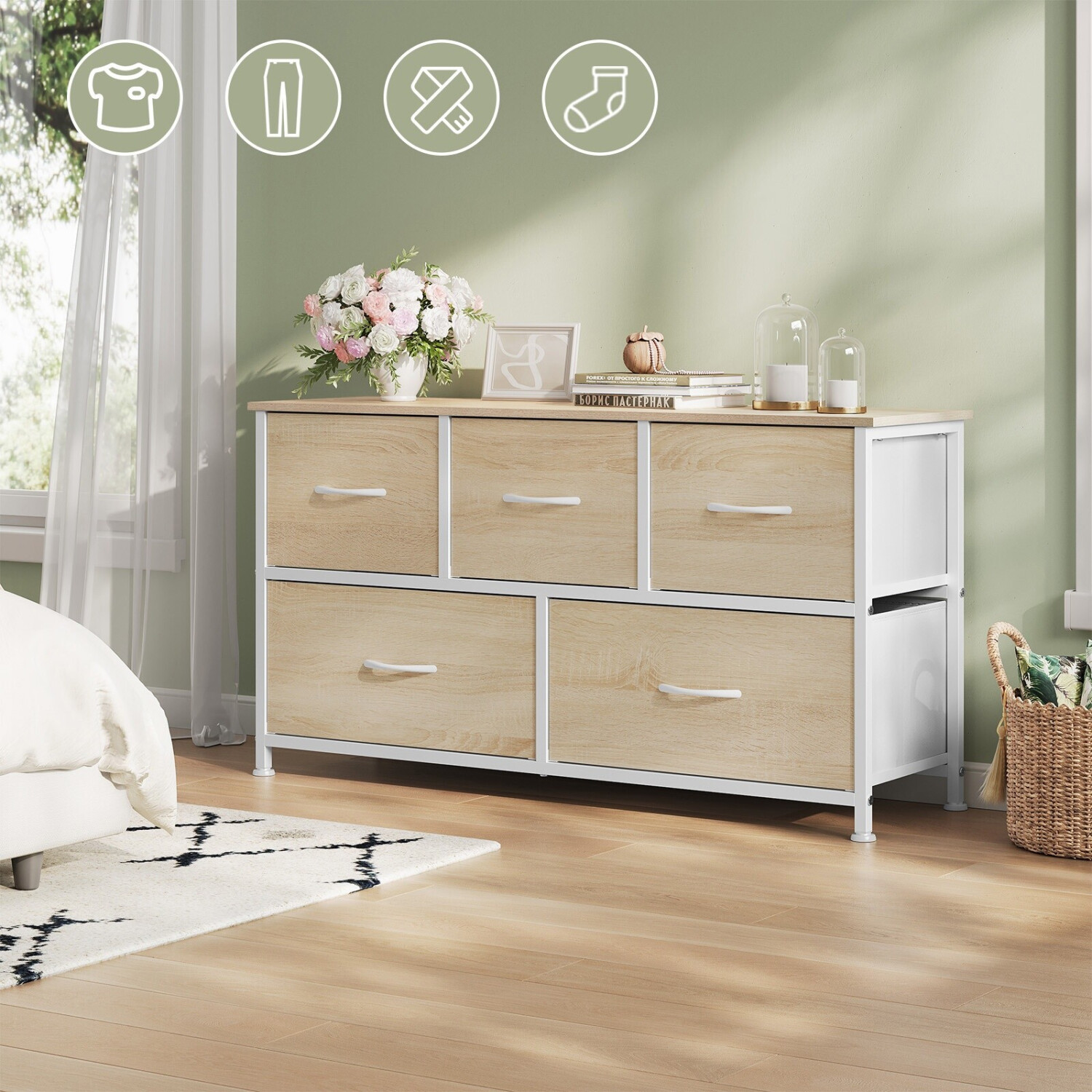 Woltu Kommodenschrank mit 5 Stoffschubladen, Metallrahmen, helle Eiche + weiß, 100x54x30cm ab 45,99 € (Oktober 2026)