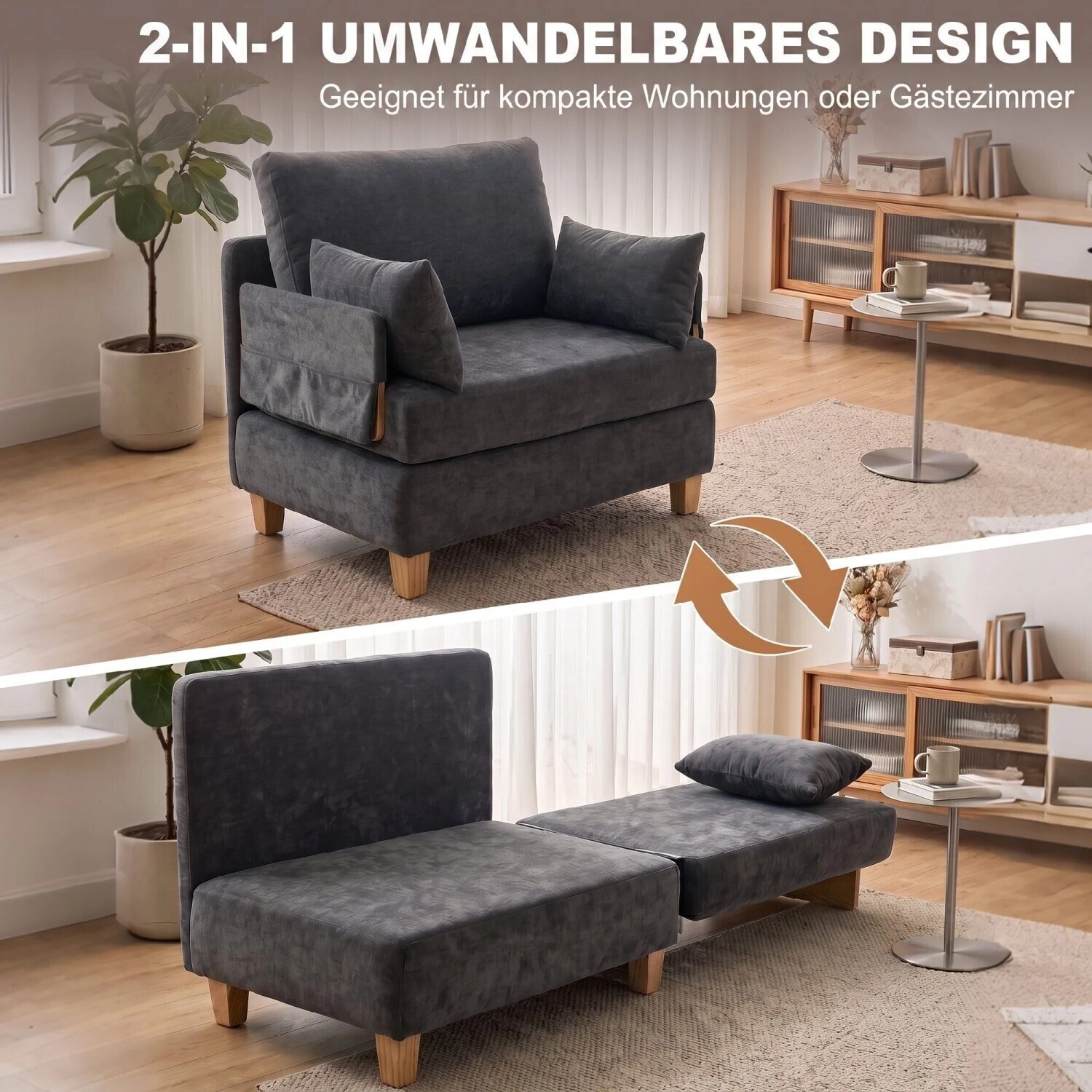 gästesofa ausziehbar 2er Sofa Luanda 77 in Grau, 96 x 130 x 116 cm, mit Bonellfederung, Stauraum und Bettfunktion, 2-Sitzer-Sofa, Doppelsofa Lutz