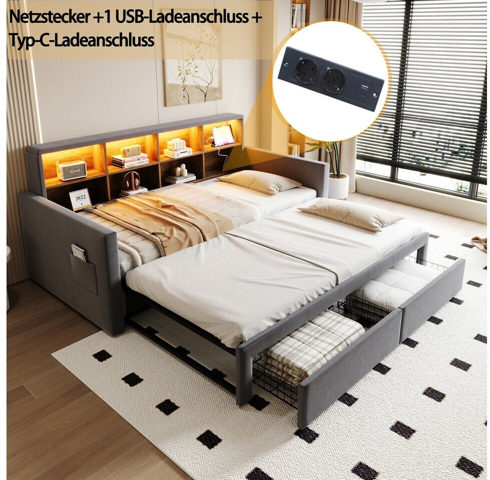 Stilvora Schlafsofa ausziehbar 90/180x190cm Samt, dunkelgrau, LED-Kopfteil, Schubladen ab 295,99 € (Oktober 2026)