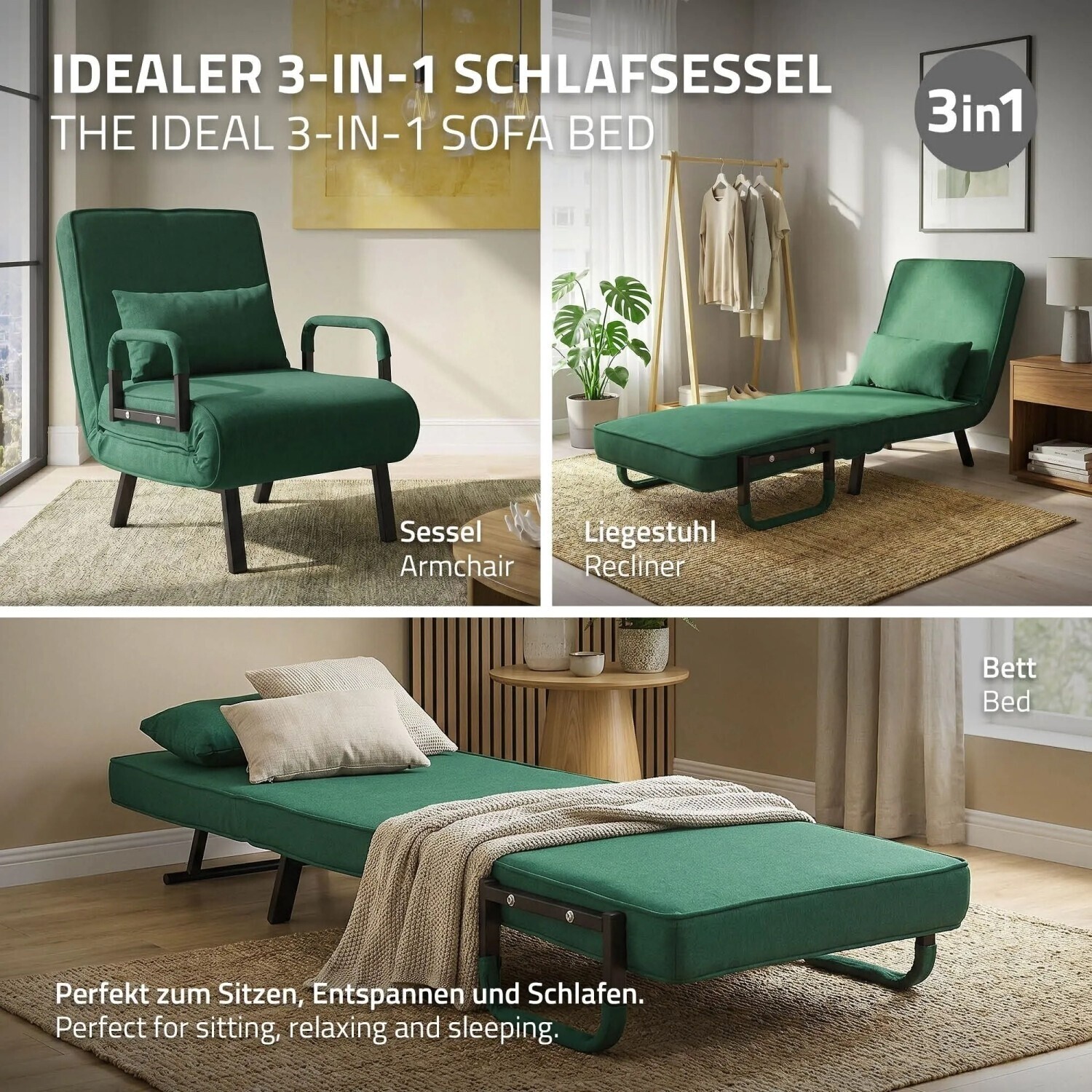 ML-Design Schlafsessel 3in1 klappbar, Chenille, dunkelgrün ab 114,26 € (Oktober 2026)