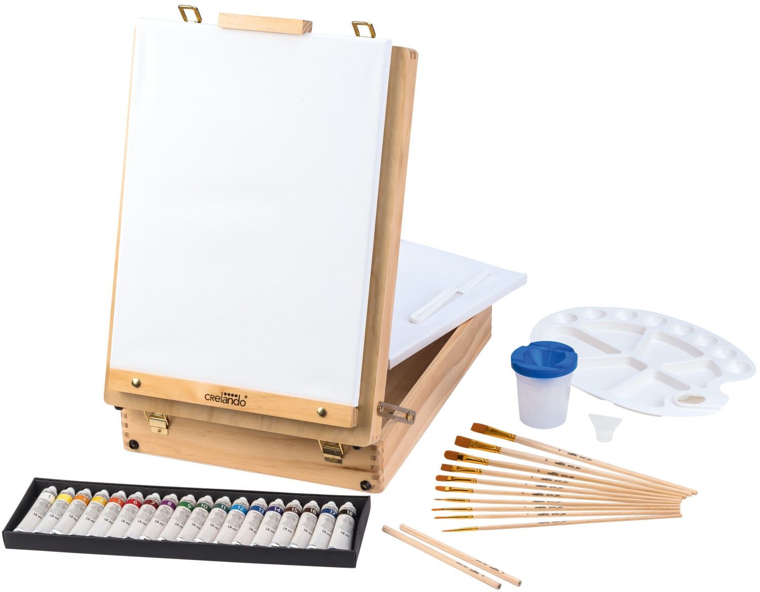 Crelando Tischstaffelei im Koffer 52-tlg. Staffelei Acrylfarbe Leinwand ab 17,55 € (Oktober 2026)