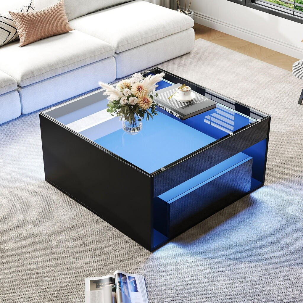 Stilvora Couchtisch schwarz, Hochglanz, gehärtetes Glas, LED, 2 Schubladen, 70x70x35cm ab 65,99 € (Oktober 2026)