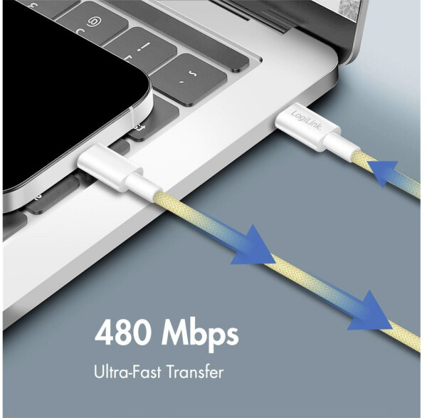 LogiLink USB-C auf USB-C Kabel USB 2.0, Nylon, 60W, 1m, gelb (CU0353), Bild 2