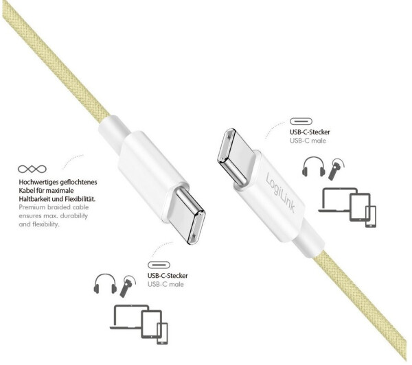 LogiLink USB-C auf USB-C Kabel USB 2.0, Nylon, 60W, 1m, gelb (CU0353), Bild 3