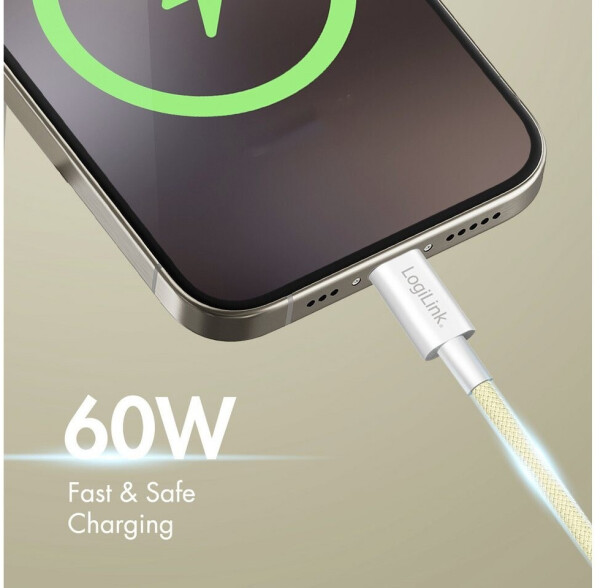LogiLink USB-C auf USB-C Kabel USB 2.0, Nylon, 60W, 1m, gelb (CU0353), Bild 5