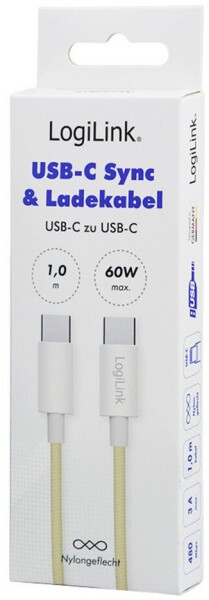 LogiLink USB-C auf USB-C Kabel USB 2.0, Nylon, 60W, 1m, gelb (CU0353), Bild 8