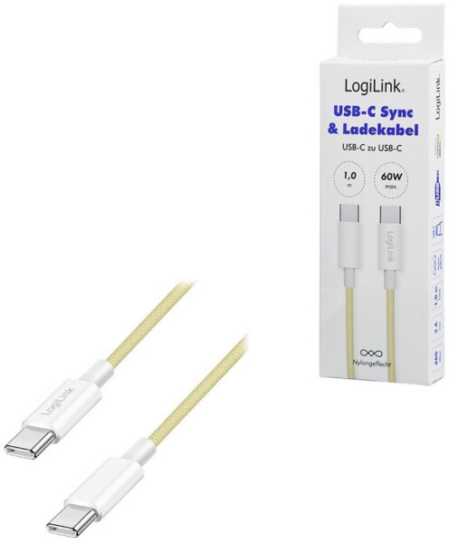 LogiLink USB-C auf USB-C Kabel USB 2.0, Nylon, 60W, 1m, gelb (CU0353), Bild 9