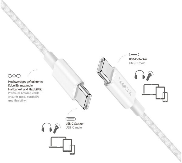 LogiLink USB 2.0 Typ-C-Kabel, 60W, Nylon, weiß, 1m (CU0341), Bild 2
