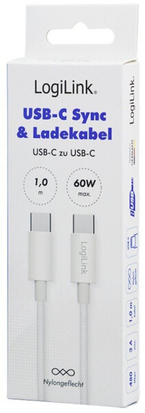 LogiLink USB 2.0 Typ-C-Kabel, 60W, Nylon, weiß, 1m (CU0341), Bild 5