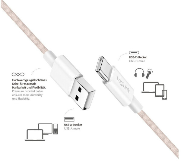 LogiLink USB 2.0 Kabel USB-A zu USB-C, Nylon, 60W, 1,5m, rosa (CU0325), Bild 3