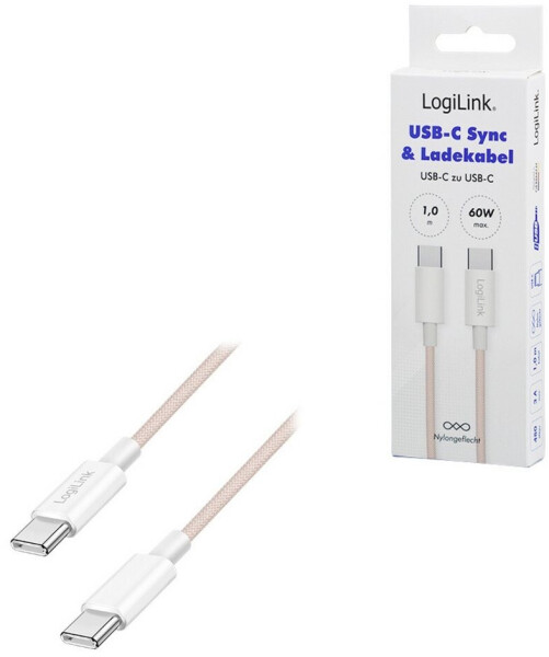 LogiLink USB 2.0 Typ-C Kabel, beidseitig, Nylon, 60W, rosa, 1m (CU0344), Bild 6