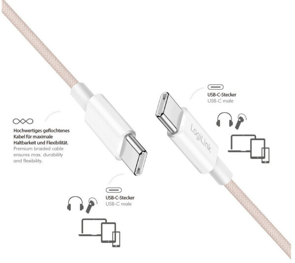LogiLink USB 2.0 Typ-C Kabel, beidseitig, Nylon, 60W, rosa, 1m (CU0344), Bild 7