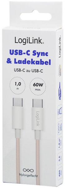 LogiLink USB 2.0 Typ-C Kabel, beidseitig, Nylon, 60W, rosa, 1m (CU0344), Bild 9
