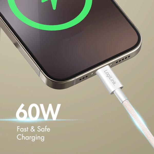 LogiLink USB-C auf USB-C 2.0 Kabel Nylon 480Mbit/s 60W rosa 0,5m (CU0343), Bild 5