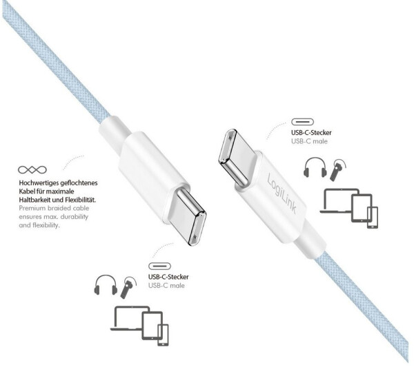 LogiLink USB 2.0 Typ-C Kabel 1,5m 480Mbit/s 60W Nylon blau (CU0351), Bild 5