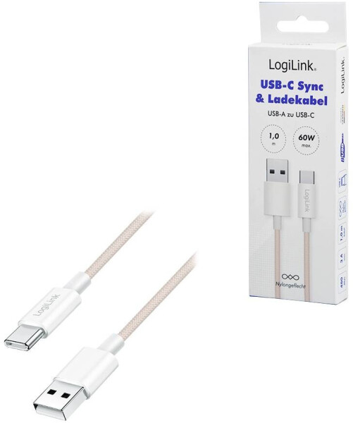 LogiLink USB 2.0 Typ-C auf Typ-A Kabel, Nylon, rosa, 1m, 60W (CU0324), Bild 5