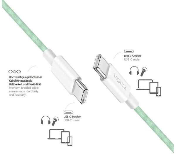 LogiLink USB-C Kabel USB 2.0, 1,5m, 60W, Nylon, grün (CU0348), Bild 4