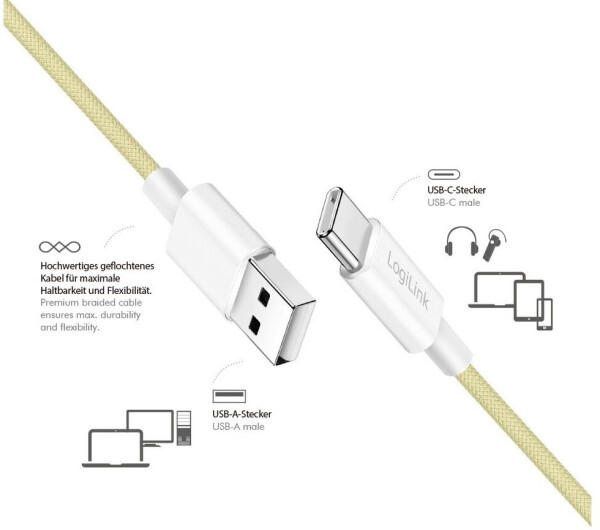LogiLink USB 2.0 Kabel USB-A zu USB-C 1,5m 60W gelb Nylon (CU0334), Bild 7