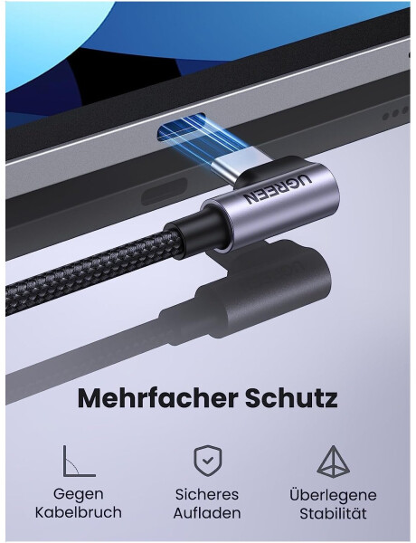 Ugreen USB-C-Kabel PD 60W, 90°-Winkelstecker, Nylongeflecht, 2m (50125), Bild 3