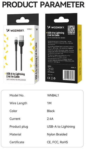 Wozinsky Geflochtenes USB-A auf Lightning Kabel 2,4A 1m, schwarz (hp_1025140), Bild 5